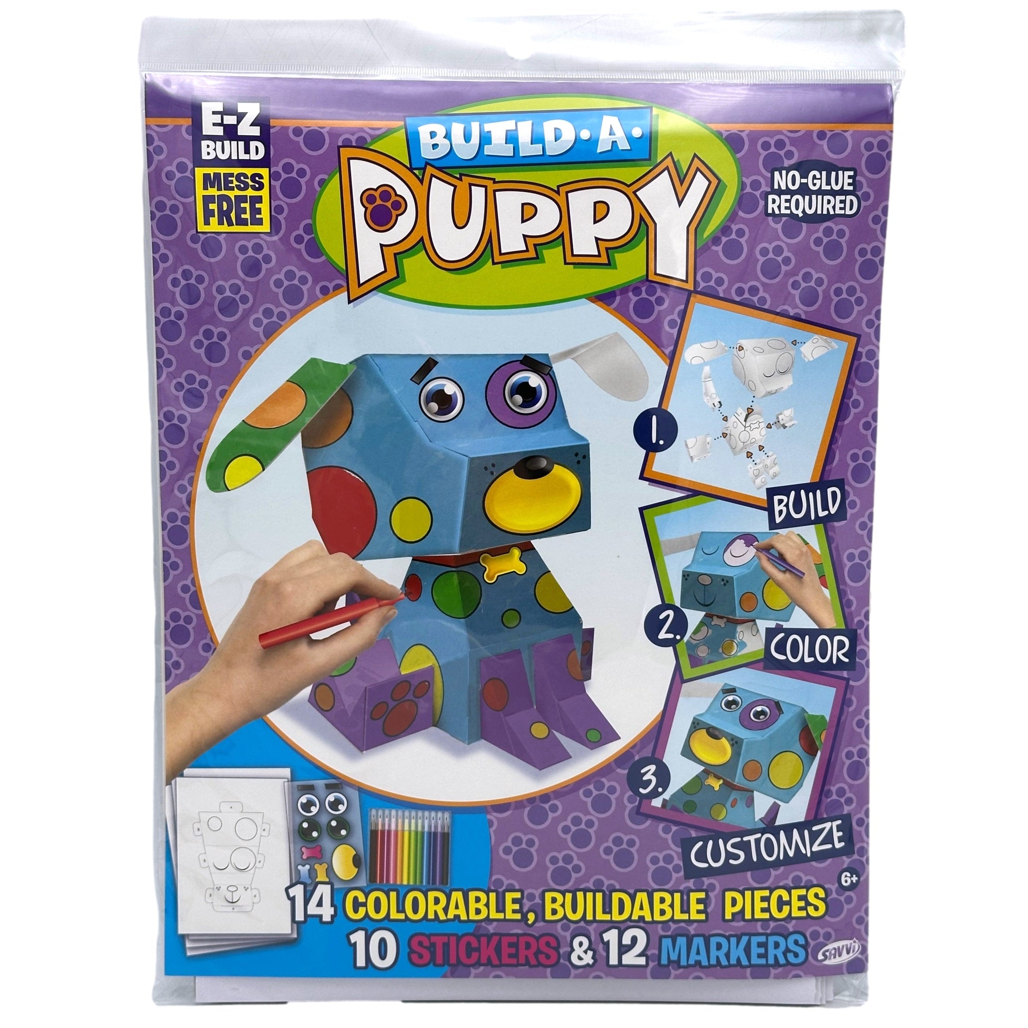Packaged "Build-A-Puppy" craft kit, featuring colorable pieces, stickers, and markers.